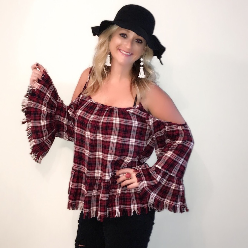 SOLD TO GABBY Plaid cold shoulder bell sleeve top